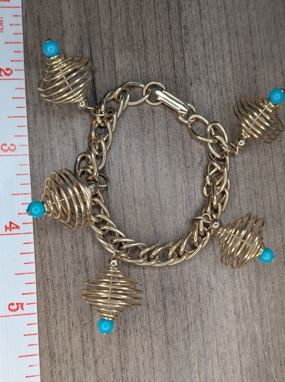 Vintage Gold Tone Double Curb Link Charm Bracelet Faux Turquoise Wire Cage Beads